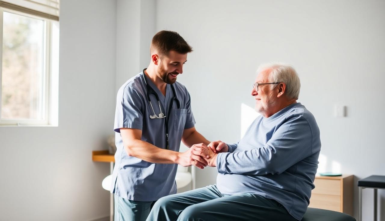 Australian physiotherapist working with an older client in a clinic