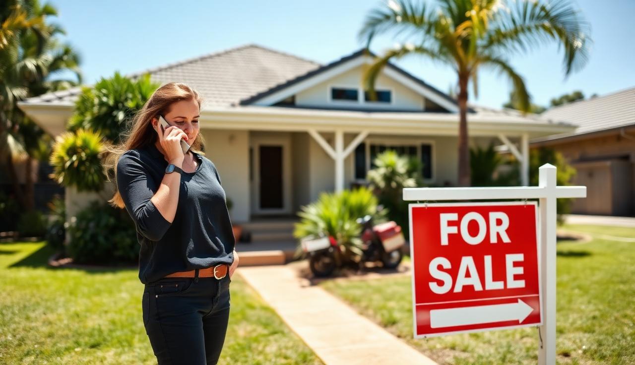 Australian real estate agent on her phone outside a suburban home for sale
